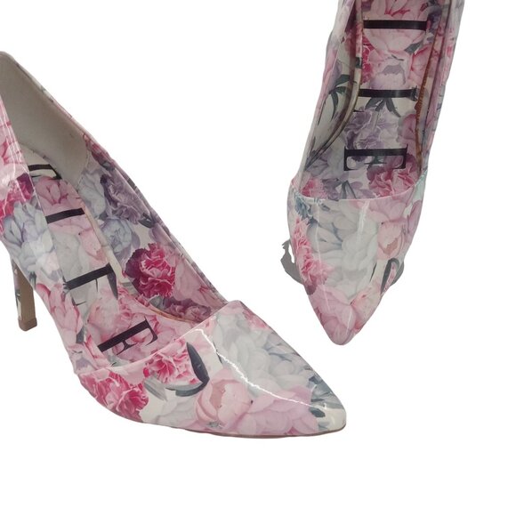 Elle Jonie Patent Floral Print Stiletto Heels 9 Pumps Asymmetrical Vamp Pink - Picture 3 of 10